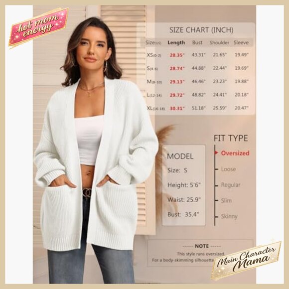 Oversized Chunky Knit Cardigan Sweater Open Front with Pockets Y2K Chic - Picture 4 of 7